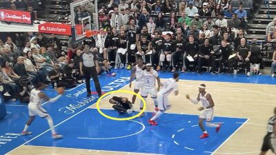 Victor Wembanyama in pain after getting hit by Lu Dort during Thunder-Spurs game