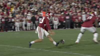 Oklahoma punter Grayson Miller botching a punt against Alabama