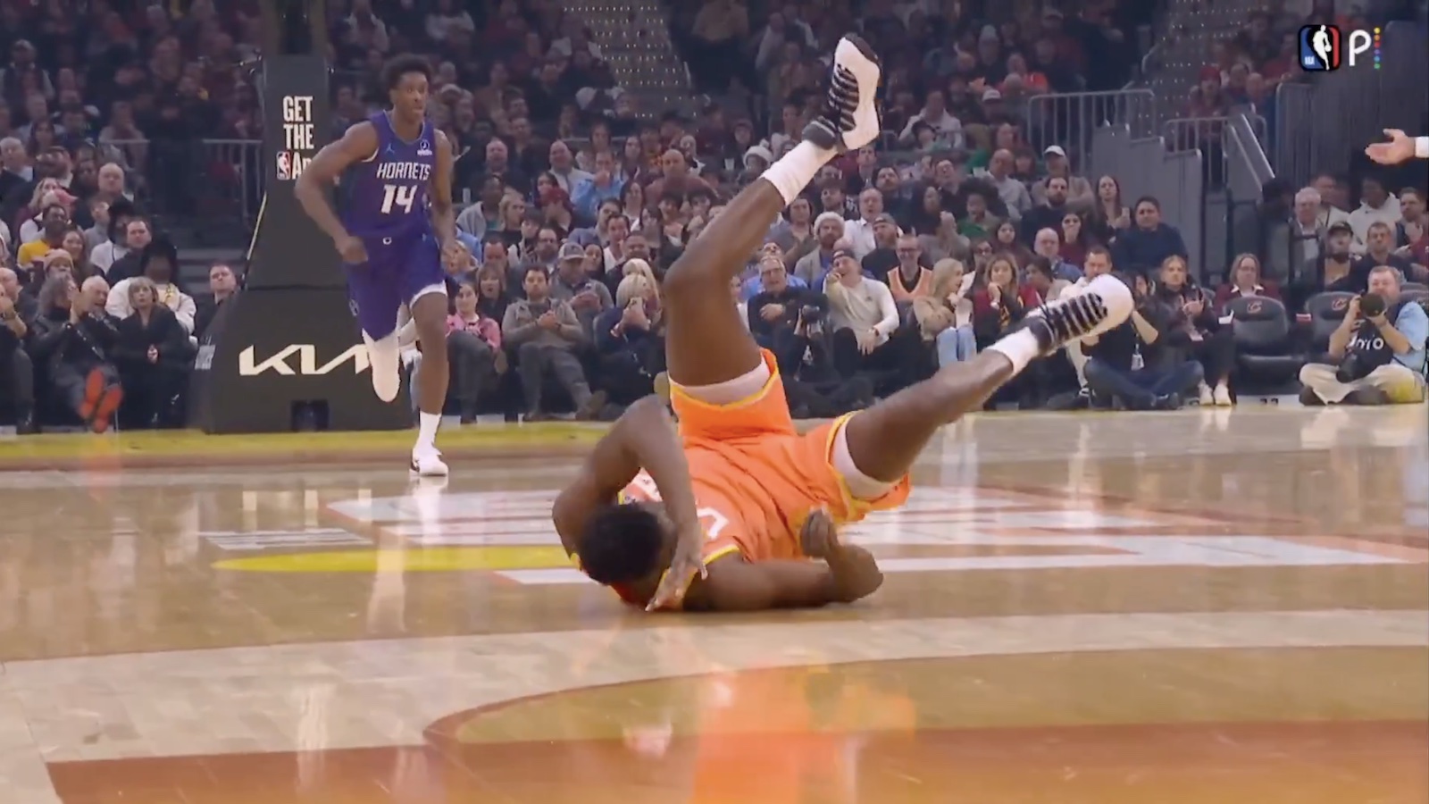 Cavaliers center Thomas Bryant tripping after doing the "too small" taunt against Hornets rookie Kon Knueppel