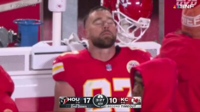 Chiefs star Travis Kelce looking frustrated after giving up interception