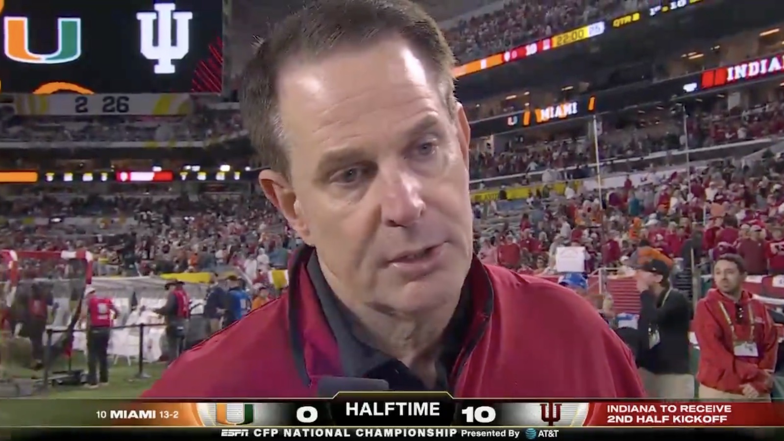 Indiana coach Curt Cignetti being interviewed during CFP title game against Miami