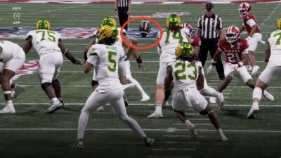 Dante Moore fumbles after colliding with Oregon teammate
