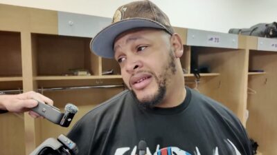 Bills LT Dion Dawkins looking emotional during a locker room interview