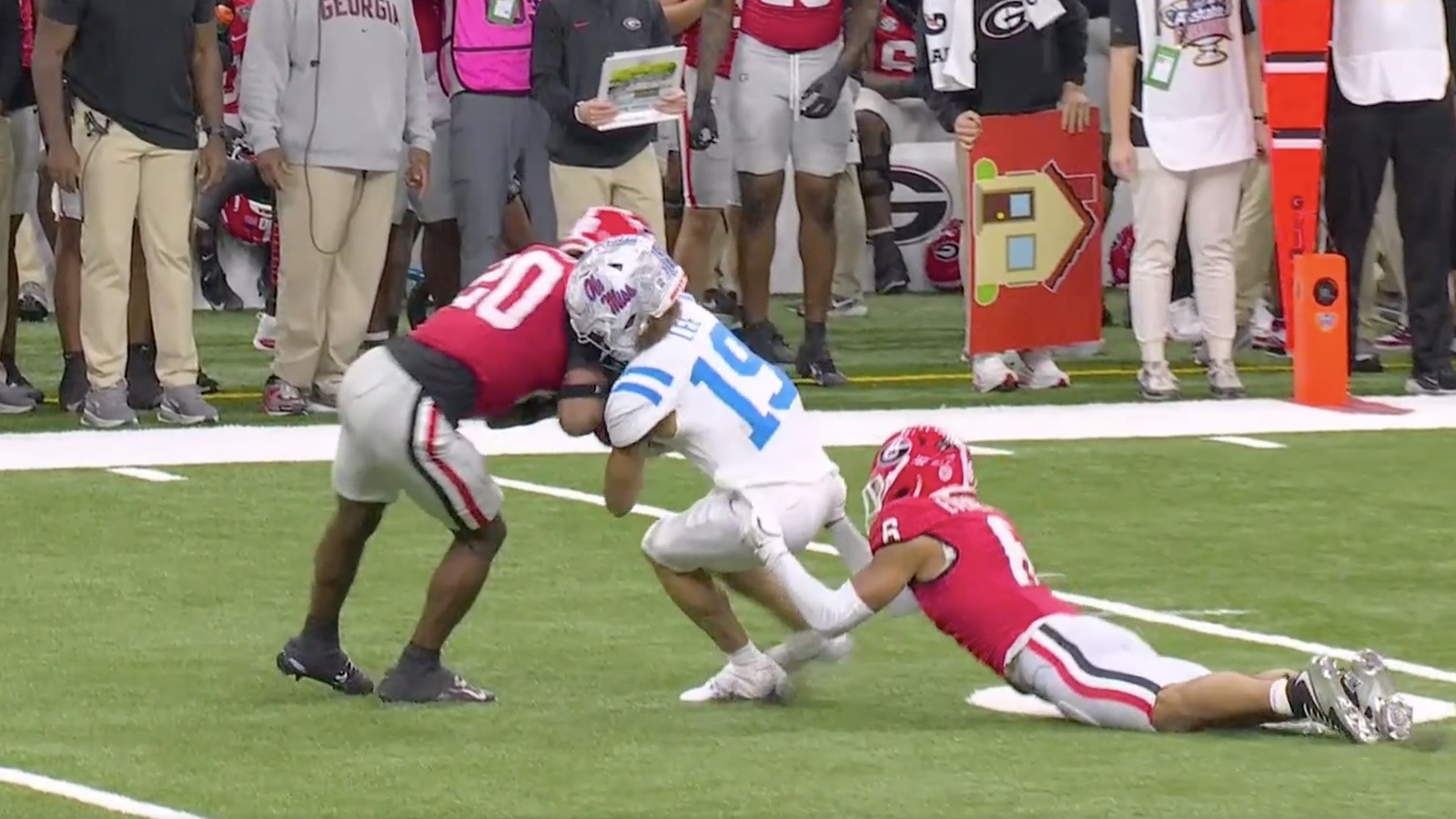 Georgia defensive back JaCorey Thomas delivering a big hit against Ole Miss' Cayden Lee.
