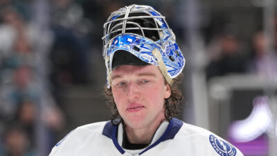 Lightning goaltender Andrei Vasilevskiy (88) with his helmet up