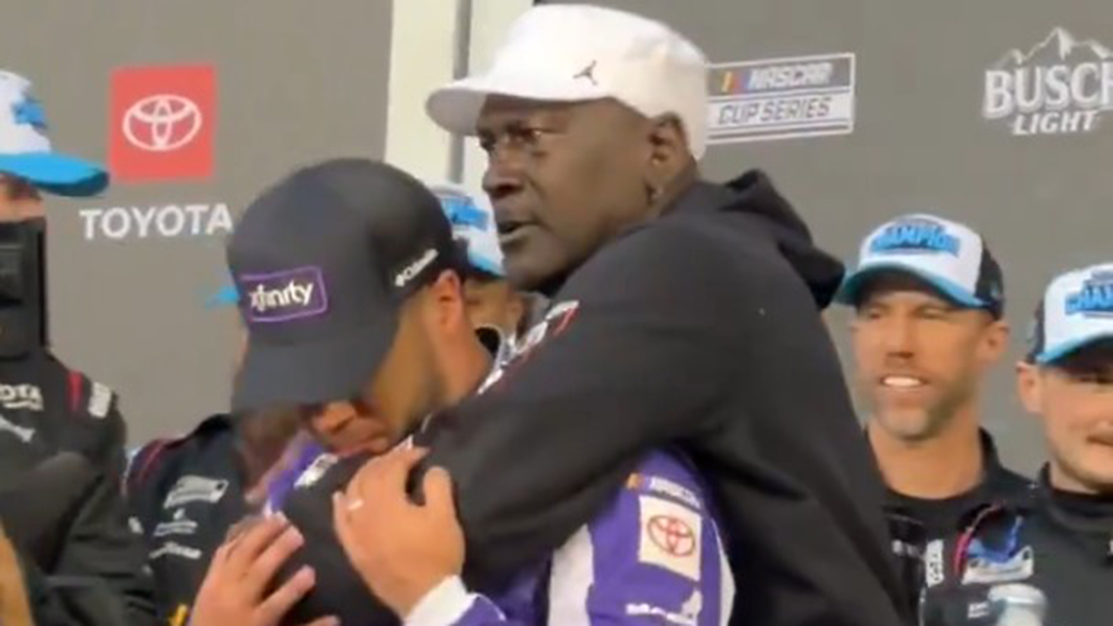 Michael Jordan hugging Bubba Wallace