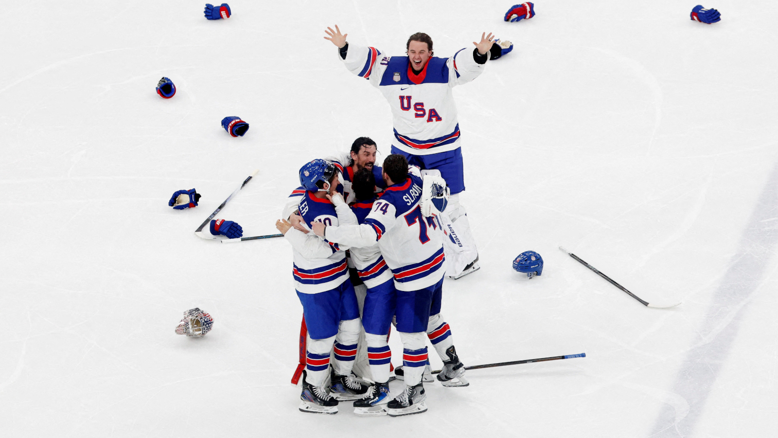 U.S. Men's hockey celebrates gold medal win.