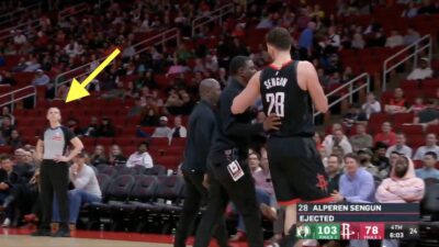 Rockets center Alperen Sengun staring at female referee Jenna Reneau