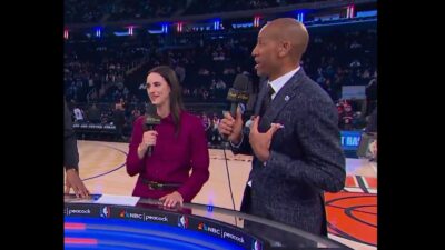 Caitlin Clark and Reggie Miller on a broadcast together