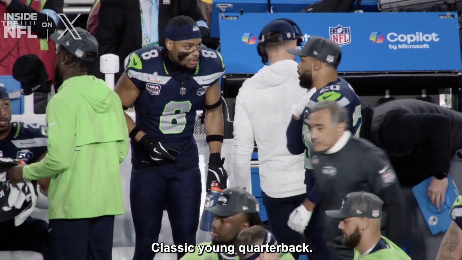 Seahawks safety Julian Love talking about Patriots QB Drake Maye during Super Bowl 60