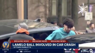 LaMelo Ball exiting his custom Hummer after being involved in a car crash