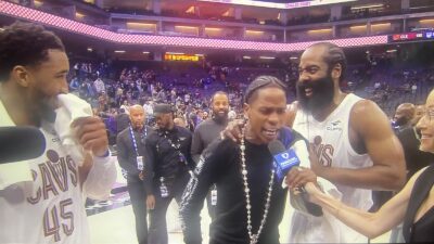 Travis Scott crashing James Harden's postgame interview after his Cavaliers debut