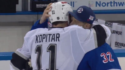 Anze Kopitar and Jonathan hugging after a game