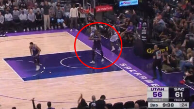 Precious Achiuwa gestures at a ref