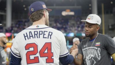Bryce Harper congratulating Ronald Acuna Jr. after Team USA lost to Venezuela at the World Baseball Classic