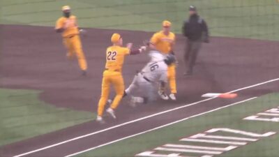 Central Michigan pitcher tag starts fight