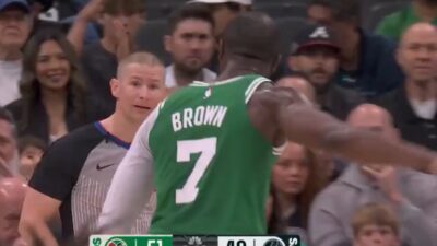 Jaylen Brown yelling at a referee