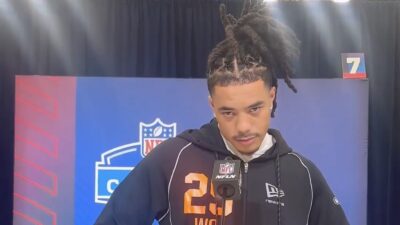 USC wide receiver Makai Lemon answering a question at the NFL draft combine