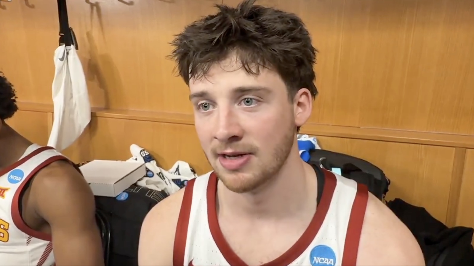 Iowa State senior Nate Heise talking to reporters after beating Kentucky
