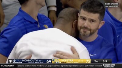 Hofstra coach Speedy Claxton crying after leading his team to the NCAA Tournament