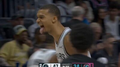 Victor Wembanyama sticking his tongue out