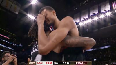 Victor Wembanyama crying after a Spurs comeback win over the Clippers