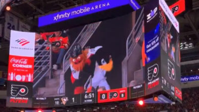Flyers mascot Gritty on the jumbotron