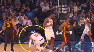 Jalen Brunson goes down after getting hit in the groin