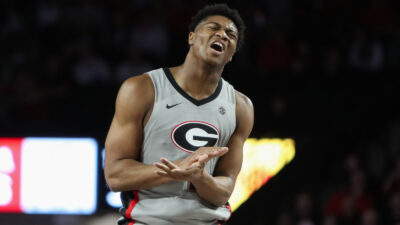 Georgia basketball forward Kareem Stagg reacts.