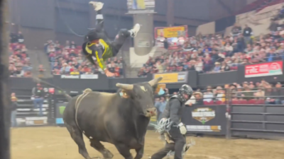 Bullfighter Lucas Teodoro is sent flying.