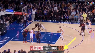 NBC scorebug showing an extra Knicks timeout in Game 2 loss to Hawks