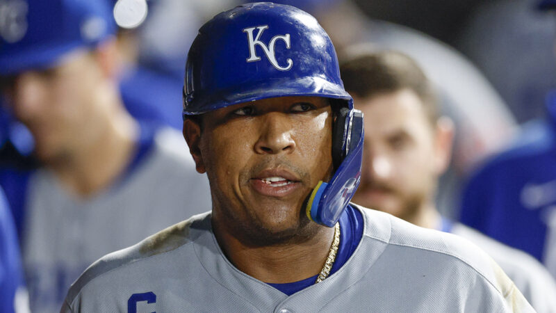 Salvador Perez looks on