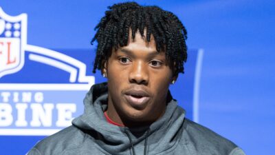 Dontayvion Wicks at a press conference