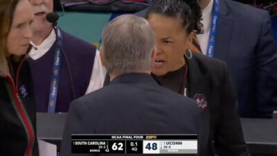 Geno Auremmia confronting Dawn Staley after UConn lost to South Carolina in the Final Four