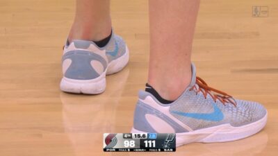 Kelly Olynyk's shoes and ankle-length socks shown during NBC's broadcast of Spurs-Blazers Game 1