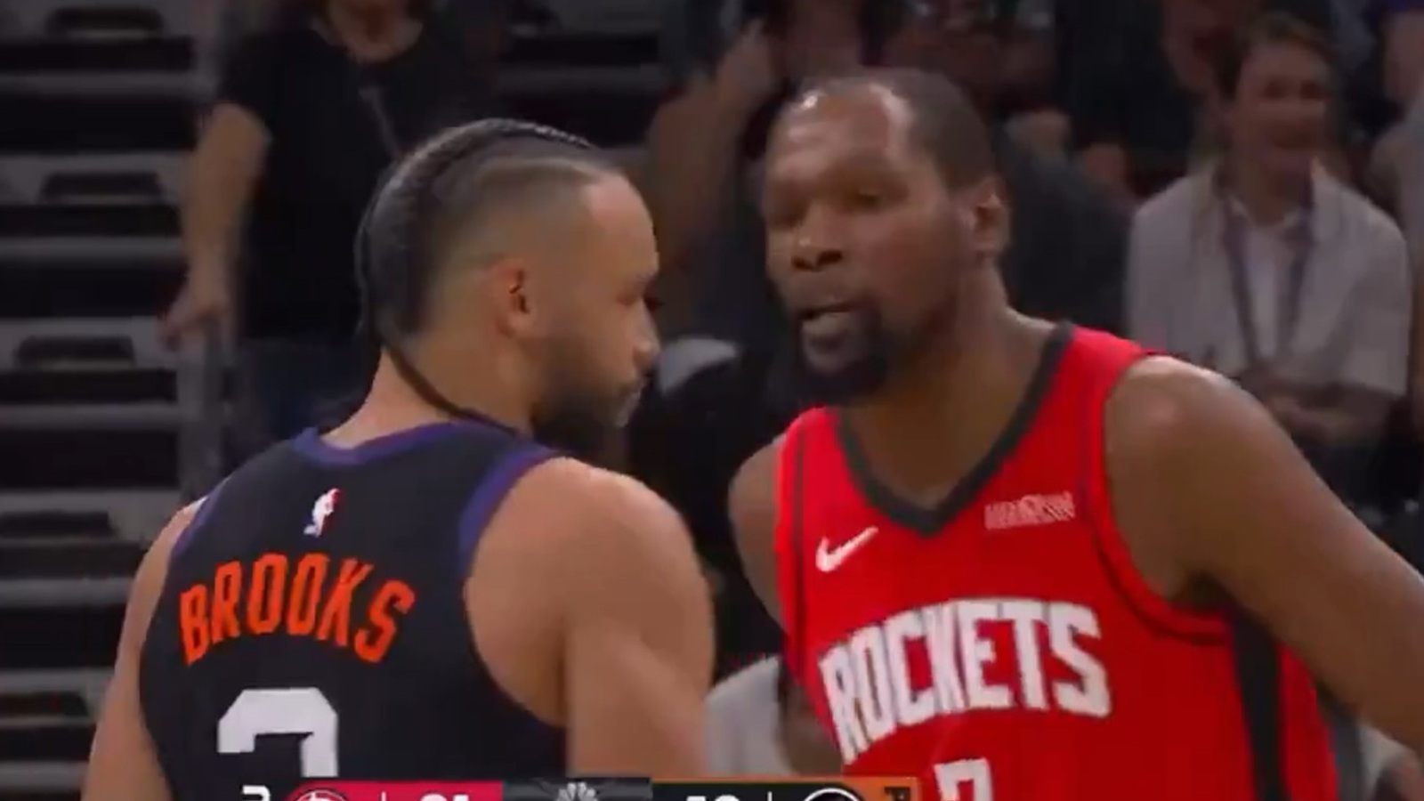 Kevin Durant talking to Dillon Brooks