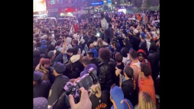 Knicks fans chanting, "We want Boston!" outside Madison Square Garden