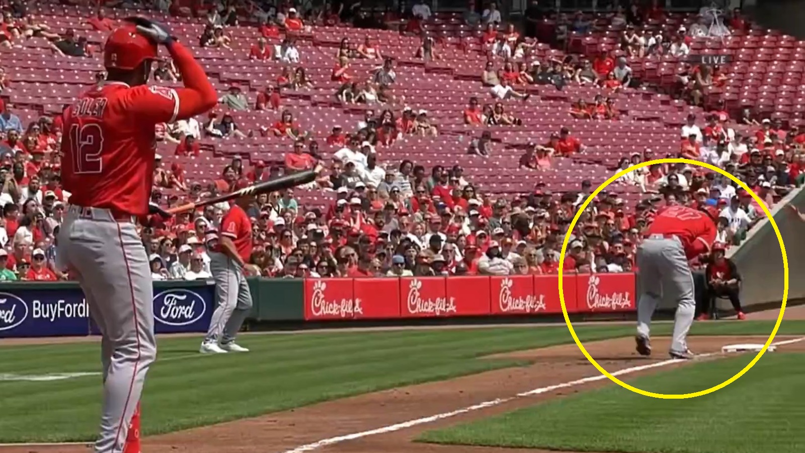 Mike Trout doubled over in pain