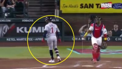 Ozzie Albies walking away from the umpire