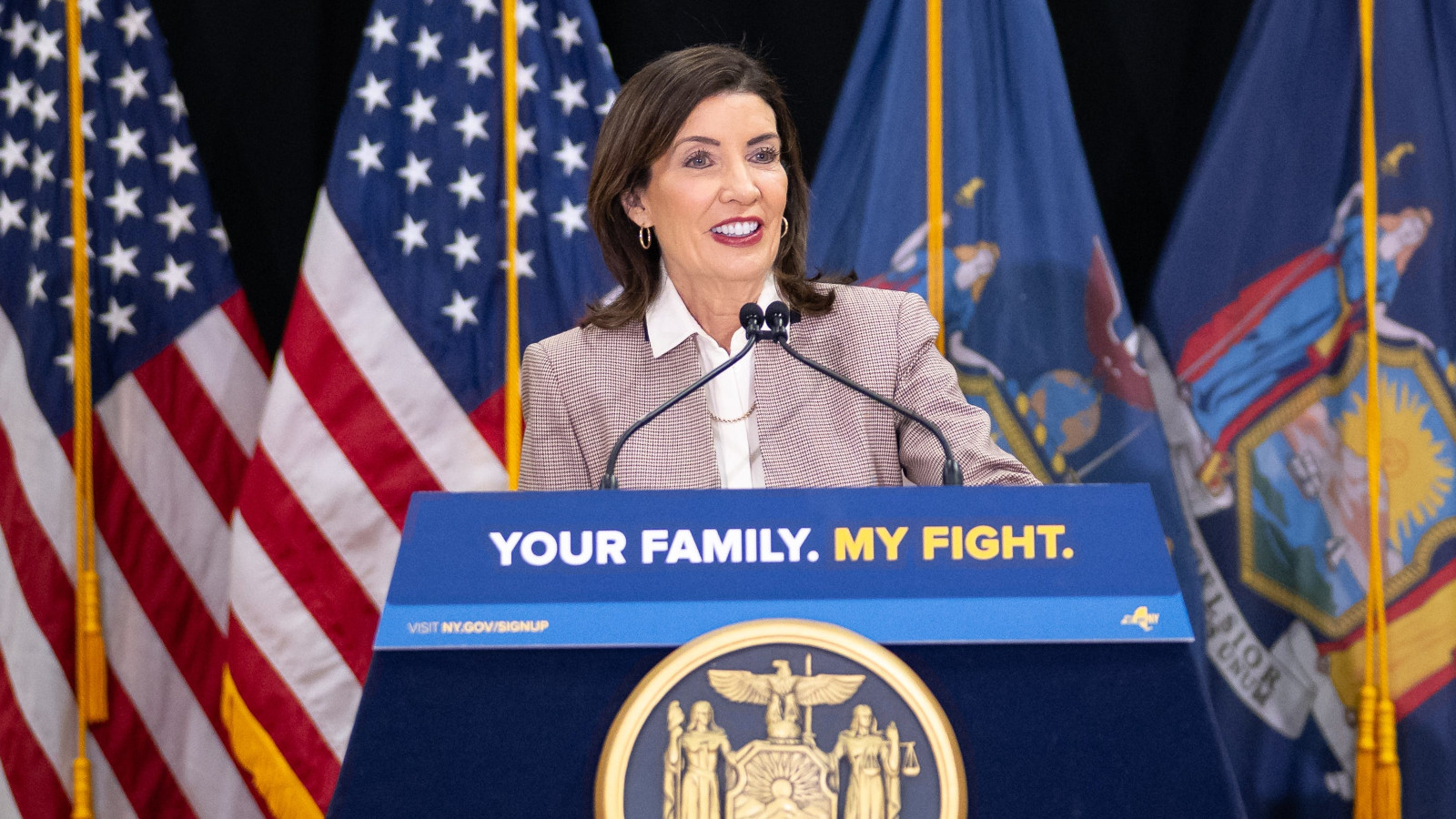 Kathy Hochul at a press conference.