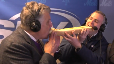 New York Mets announcers Keith Hernandez and Steve Gelbs eating a $45 Glizzy.