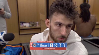 Chet Holmgren answering a question about Victor Wembanyama after Thunder lost to Spurs in Game 7