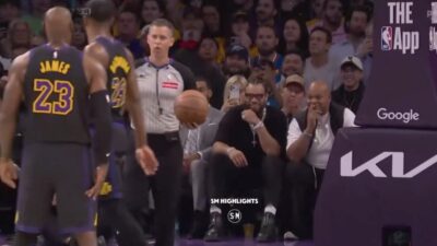 Dillon Brooks smiling at LeBron James during Thunder-Lakers Game 4