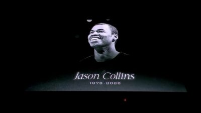 Jason Collins being shown on a Jumbotron before NBC's broadcast of Timberwolves-Spurs