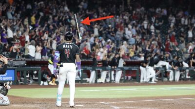 Diamondbacks star Ketel Marte with his bat in the air after hitting a walk-off home run against the Giants