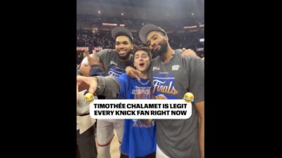 Timothee Chalamet celebrating with Mikal Bridges and Karl-Anthony Towns after Knicks made the NBA Finals