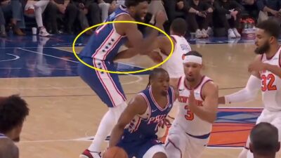Mikal Bridges hitting Joel Embiid