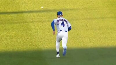 Pete Crow-Armstrong running after the ball