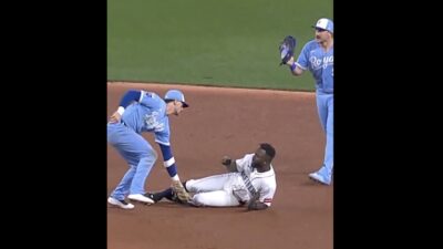 Randy Arozarena getting tagged out after committing a blunder on the basepaths