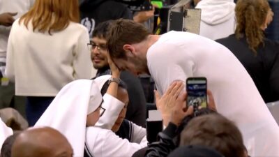 Spurs big man Luke Kornet getting blessed by nuns before Game 4 against the Thunder